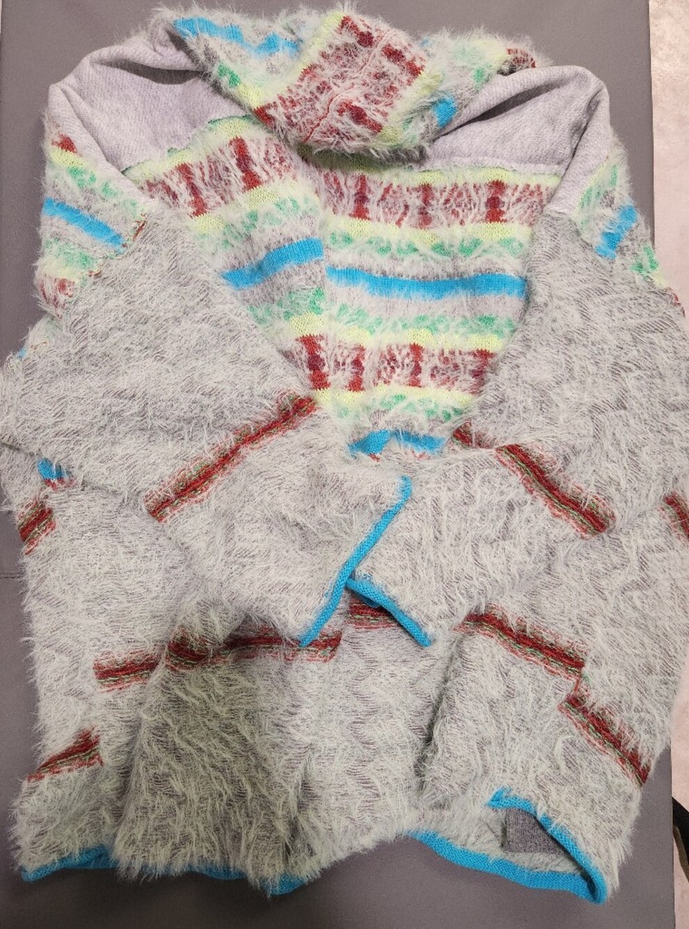 Free People Mint Fuzzy Striped Open-Front Cardigan with Blue Trim - Picture 4 of 4